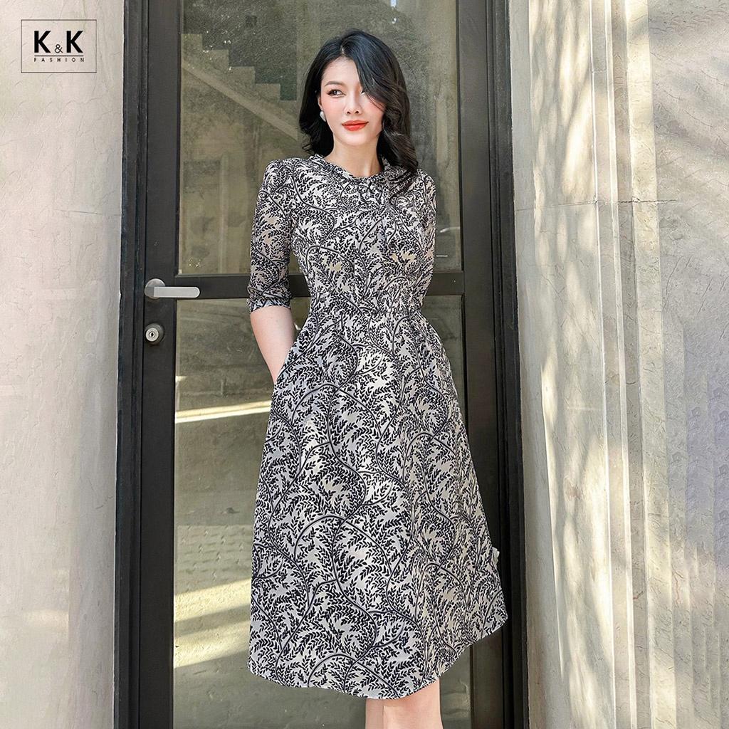 Đầm Xòe Công Sở Họa Tiết Tay Lửng K&amp;K Fashion KK119-18 Chất Liệu Lụa