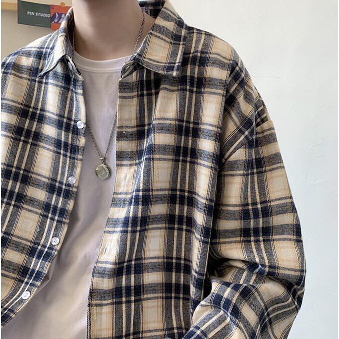 Áo sơ mi nam form rộng Unisex Oversize CARO đen KEM sọc cá tính chạy đường chỉ đen cá tính chất liệu kate dày dặn xịn mịn form 50-70kg mặc