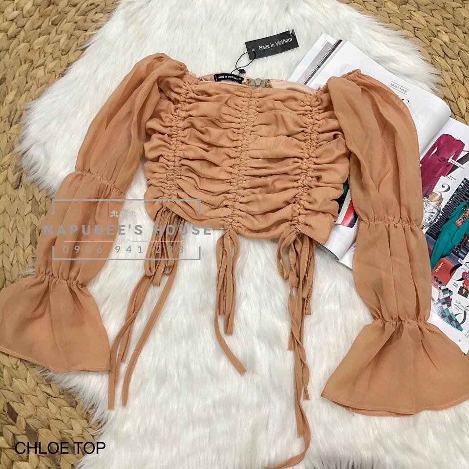 Áo croptop nhún thân rút dây tay loe Chloe top - áo croptop thiết kế napubee