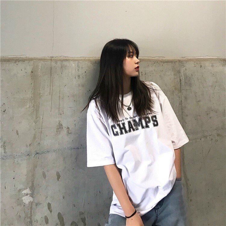 Áo thun nữ cotton 4 chiều co giản in chữ CHAMPS cá tính năng động trẻ trung,Áo thun unisex nam nữ WinBeen dáng rộng vải cotton mát in chữ CHAMPS