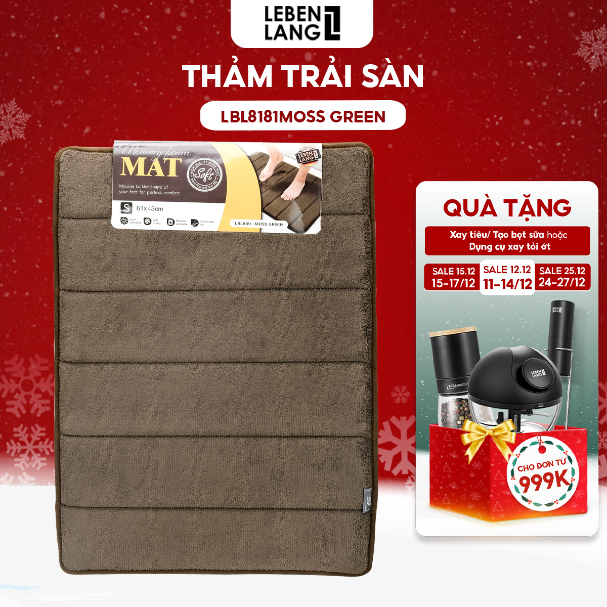 Thảm lau chân Lebenlang LBL8181 thấm hút nước đế cao su chống trơn trượt phòng tắm - hàng chính hãng