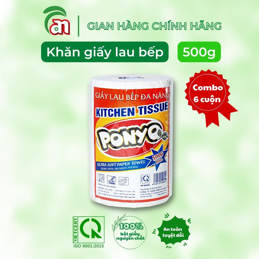 Combo 6 cuộn Khăn giấy lau bếp PONYO 2 lớp 500g, khăn giấy khô siêu dai dùng thay khăn giấy ướt - Thiên An Nam paper