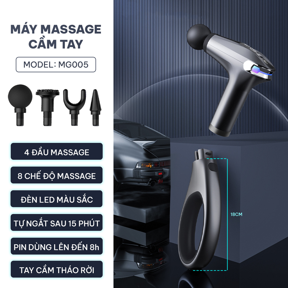 Máy massage cầm tay chính hãng CWELL MG005, Tay Cầm nới dài 18cm, 4 đầu thay 8 chế độ massage mạnh, Pin trâu lên tới 8h