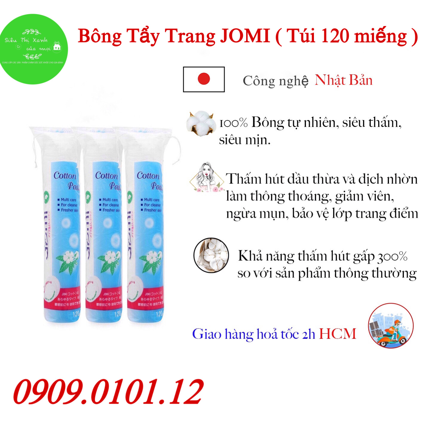 Bông tẩy trang Jomi nhật bản chính hãng 120 miếng 100% bông tự nhiên