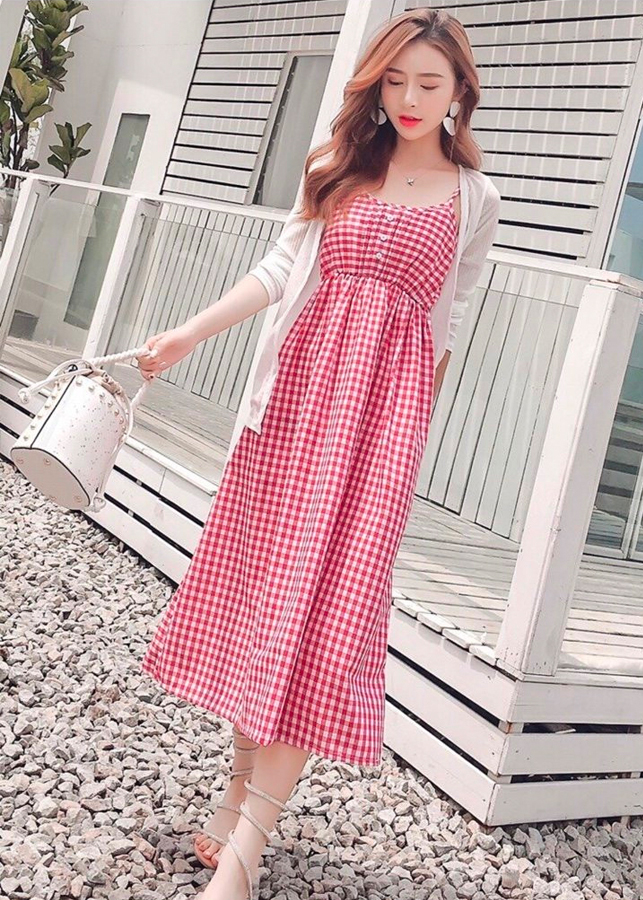 Đầm Xòe Dây Caro Đỏ Sát Nách