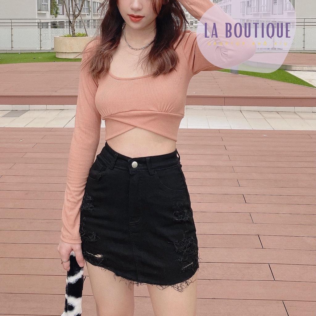 Áo Croptop Nữ Ôm Body Tay Dài Cổ Vuông Khoe Eo LA BOUTIQUE