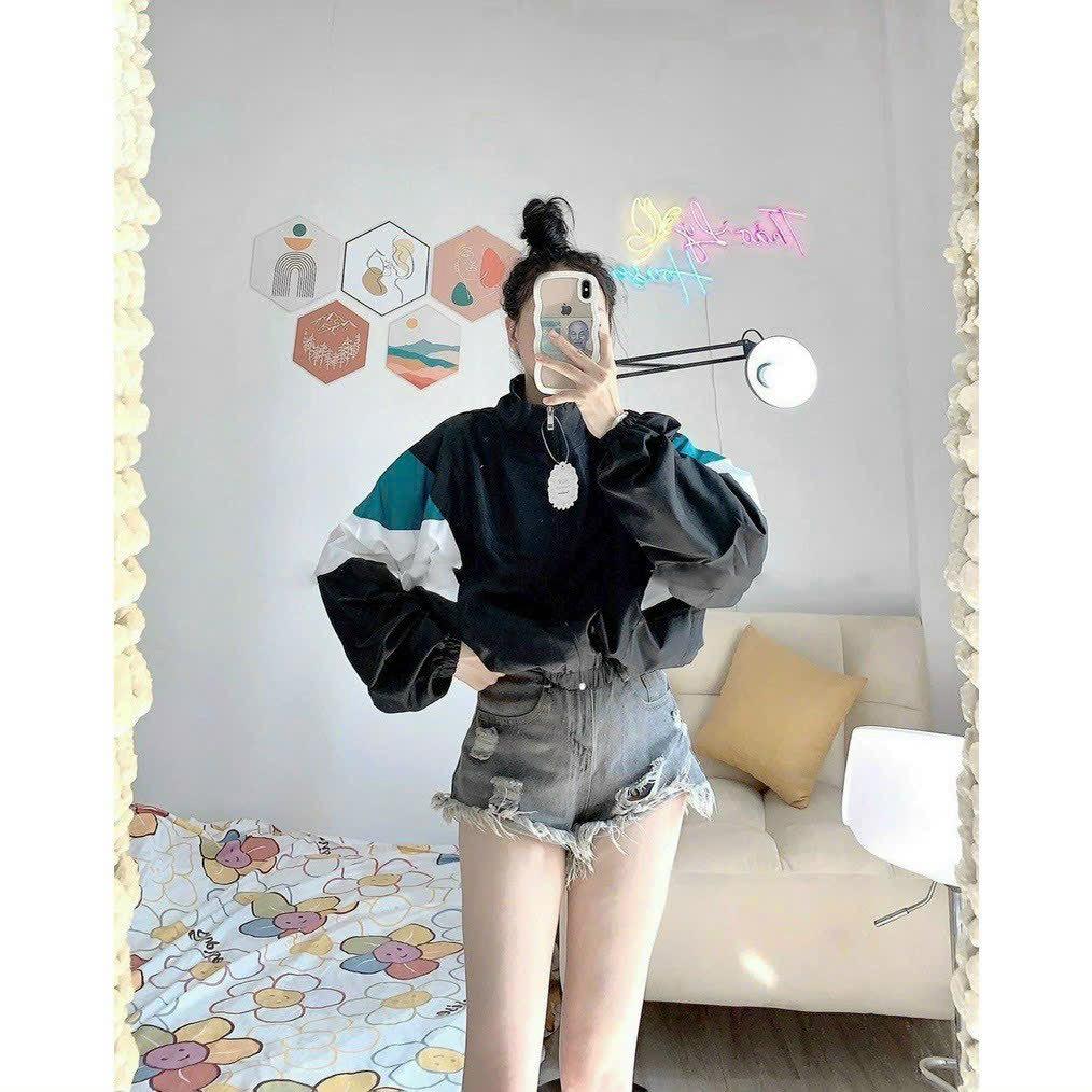 Áo Khoác Dù Nữ Croptop Form Rộng Cánh Dơi 2 Lớp Dày Dặn Phối Màu Siêu Đẹp