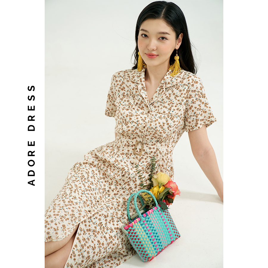 Đầm mini dresses lụa cream hoa nhí nâu cổ 2 ve 311DR1049  ADORE DRESS