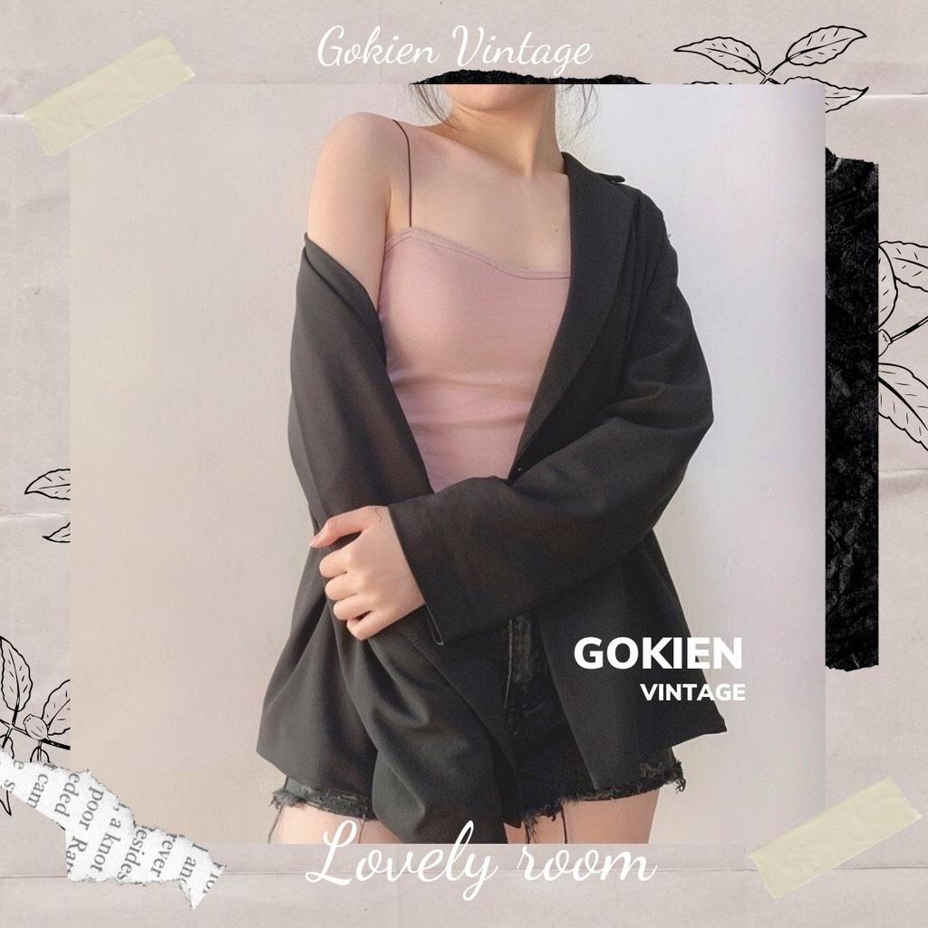 Áo hai dây ôm sát vải cotton mịn co giãn dây có chốt điều chỉnh, GOKIEN VINTAGE