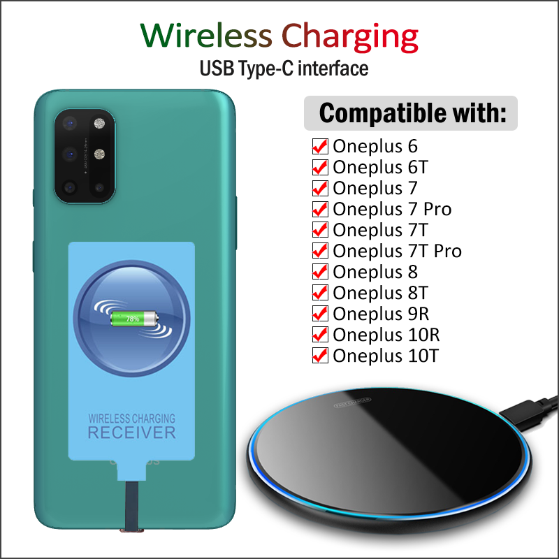 Bộ thu sạc không dây Qi cho OnePlus 8T 10T 9R 10R 8 6 6T 7 7T Pro không dây+Bộ điều hợp USB Type-C