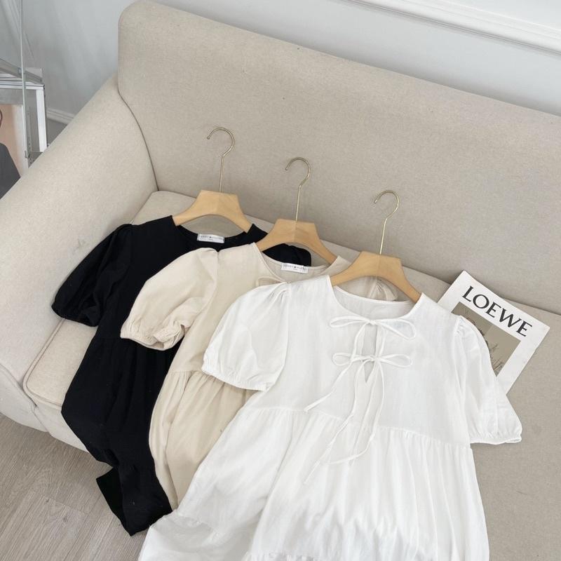 Đầm Babydoll Nữ Buộc Nơ Cộc Tay Dáng Ngắn Váy Đũi Lụa Nữ Dây Nơ Dáng Suông 3 Màu