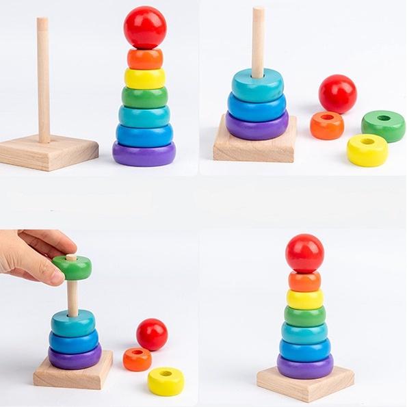 Đồ Chơi Gỗ Tháp Cầu Vồng 7 Màu - Đồ Chơi Gỗ Montessori Phát Triển Kỹ Năng Cho Bé