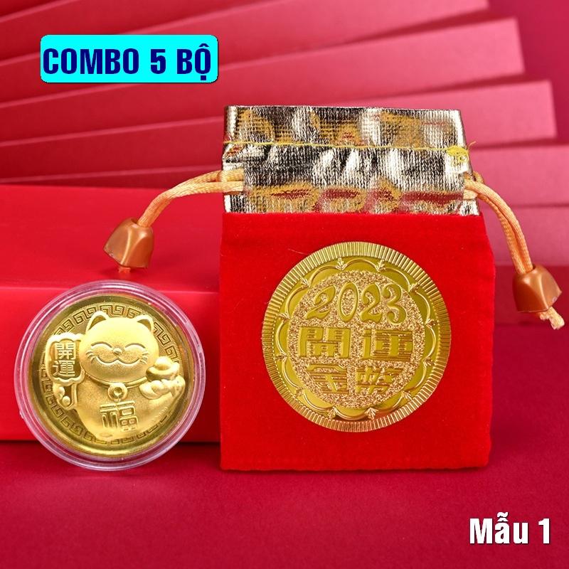 COMBO 5 ĐỒNG XU Mèo VÀNG TẶNG KÈM TÚI GẤM 2023 - Mẫu 1