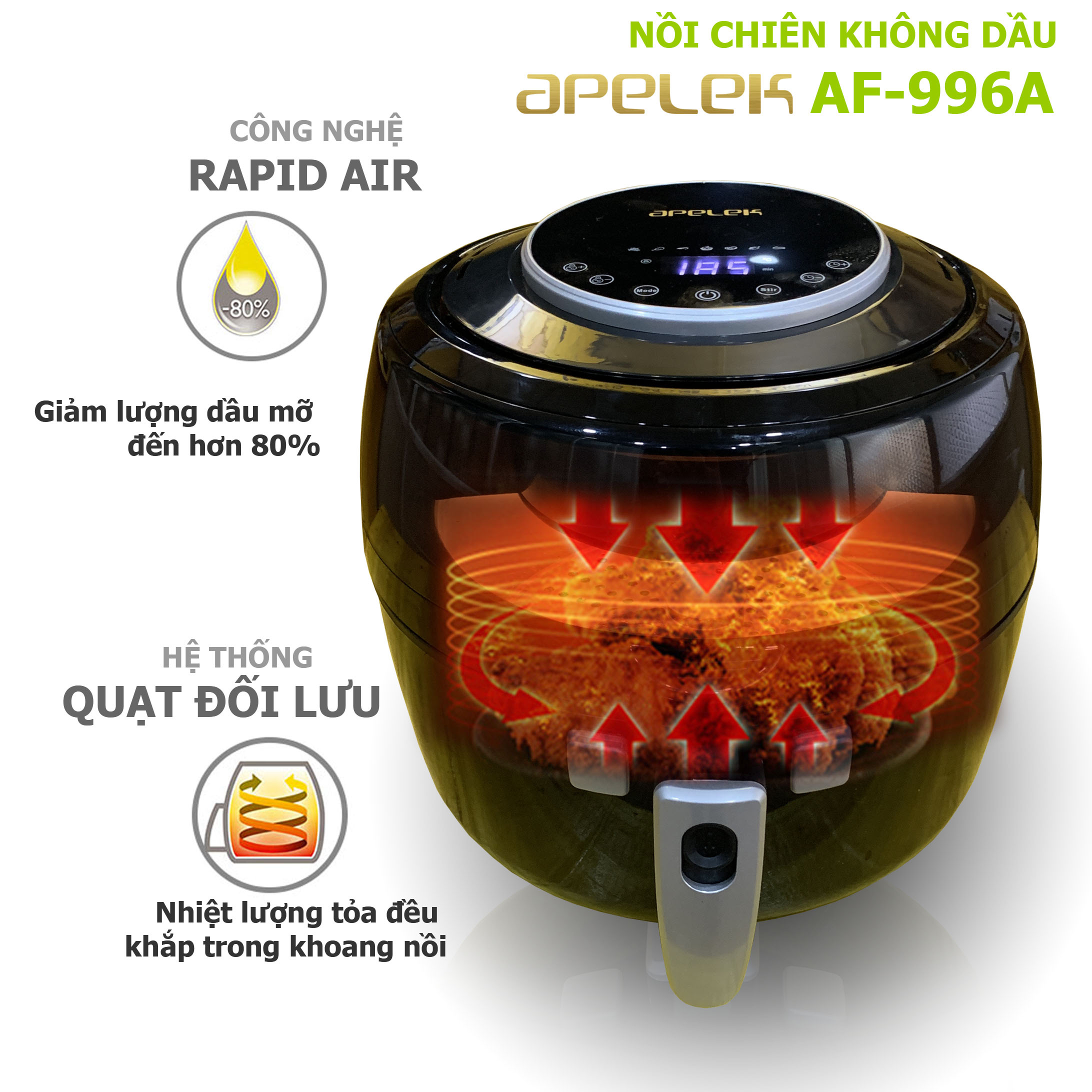 Nồi chiên không dầu APELEK AF-996A 6.5L - Hàng chính hãng - Mặt kính trong suốt tiện lợi - Dung tích nồi 6.5L - Bảng điều khiển cảm ứng - Công nghệ Rapid Air giảm đến 80% lượng dầu mỡ