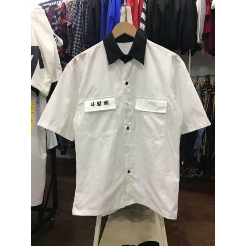 Áo sơ mi cặp đôi chữ hàn , áo sơ mi form rộng unisex cặp đôi