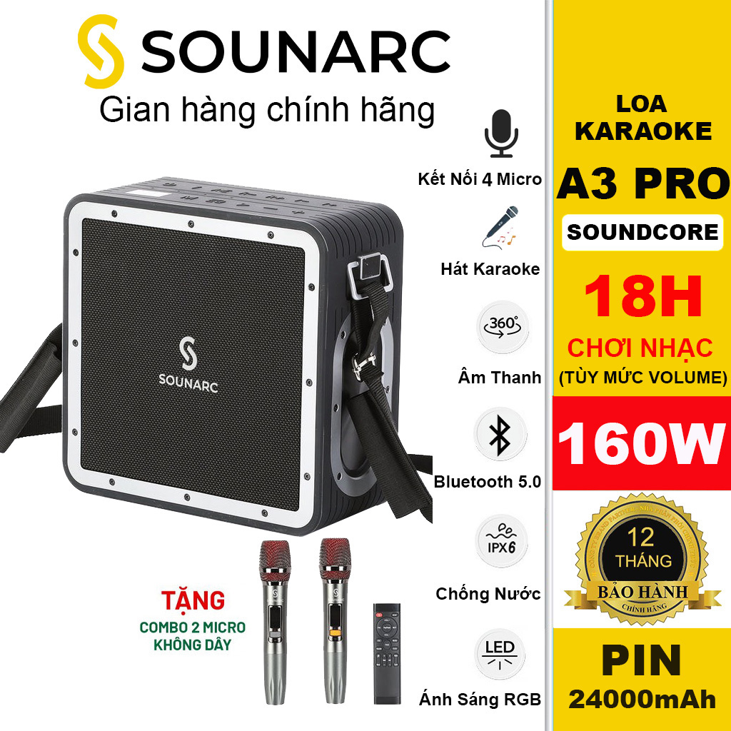 Loa Karaoke Bluetooth 5.0 SOUNARC A3 PRO Kèm 2 Micro Không Dây Và Điều Khiển Từ Xa, Công suất 160W, Pin Tích Hợp 24000mAh, Chống Nước IPX6 - Hàng chính hãng