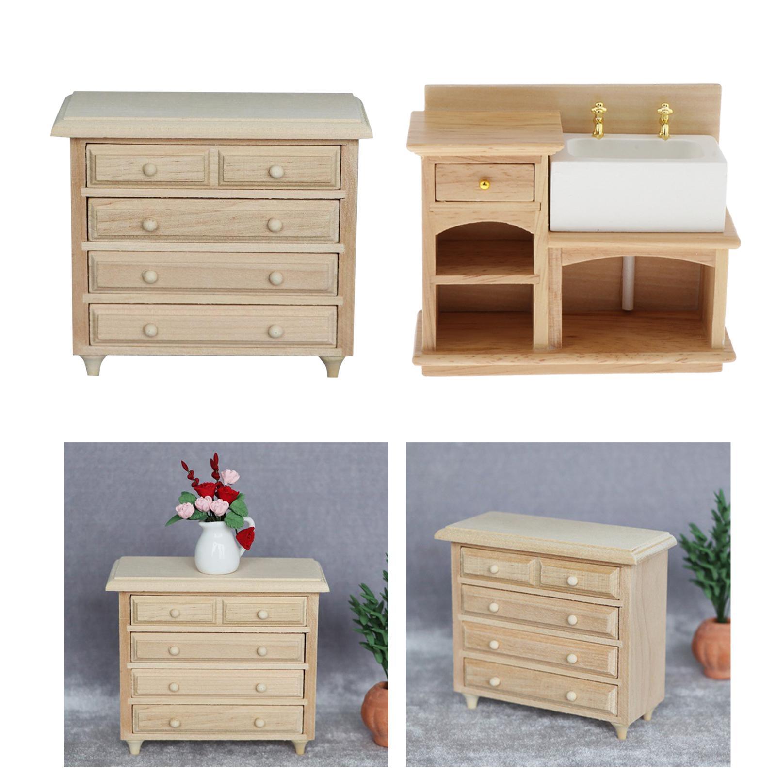 2PCS 1/12 Scale Dolls House Wood Wash Basin Cabinet Bathroom Decoration Accessory
