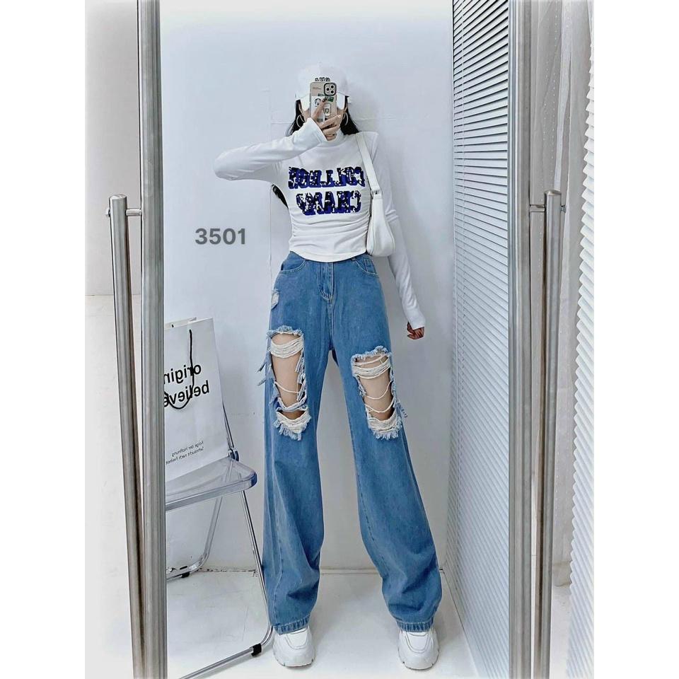Quần baggy jean ống suông rách gối thời trang