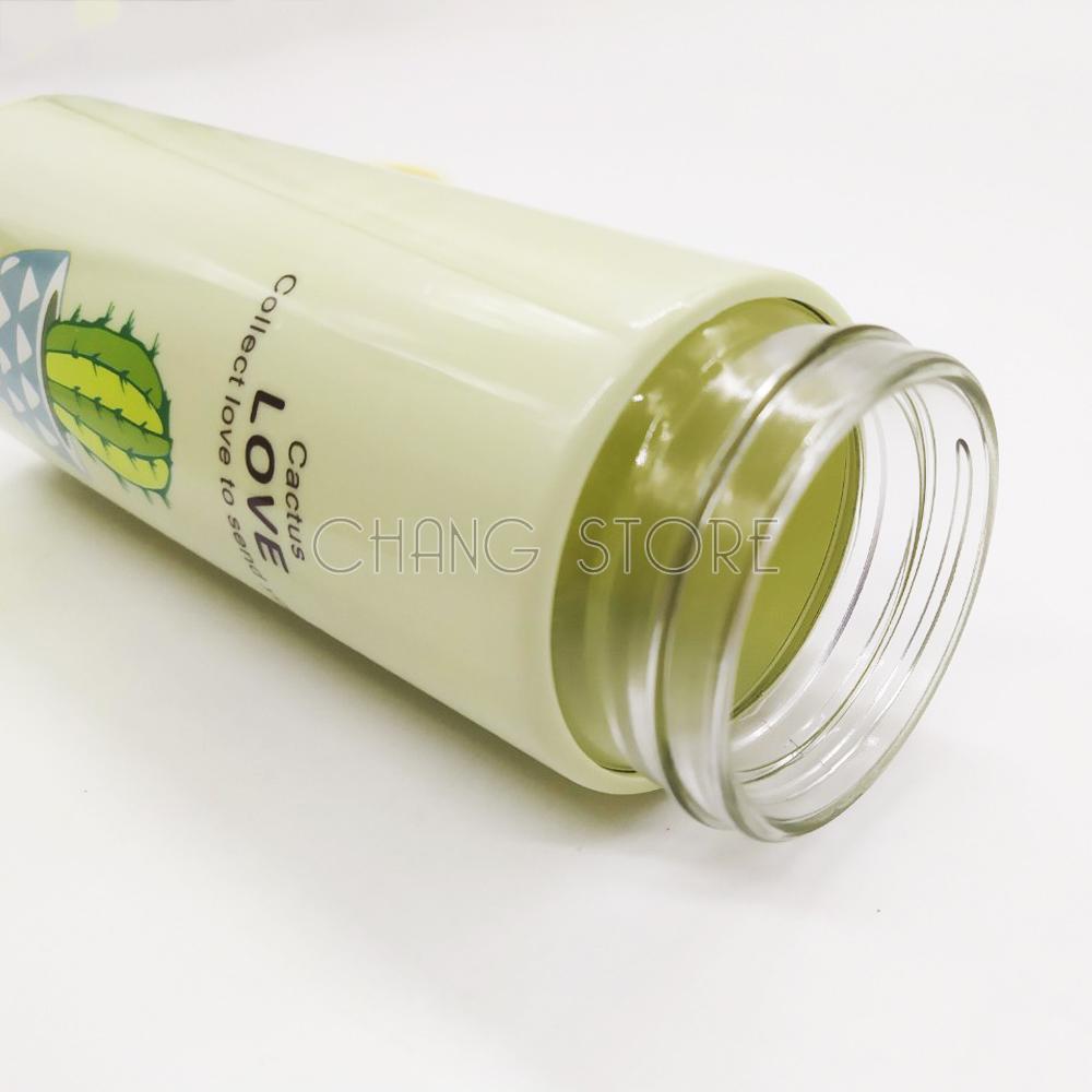 Bình Giữ Nhiệt Thủy Tinh Bọc Nhựa Lúa Mạch 450ml Họa Tiết Xương Rồng, Chống Va Đập, Có Dây Xách Tiện Dụng