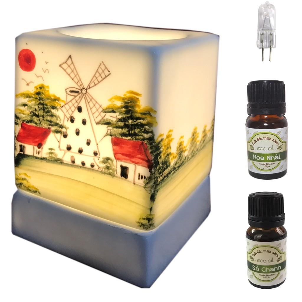 Đèn xông tinh dầu gốm vuông VGOM03 và 2 chai tinh dầu eco oil 5ml