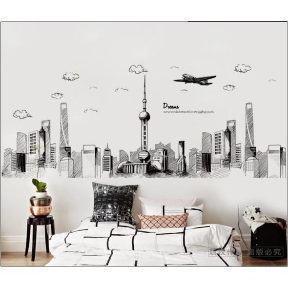 Decal trang trí tường - Thành Phố Tranh Vẽ Đen Trắng size lớn