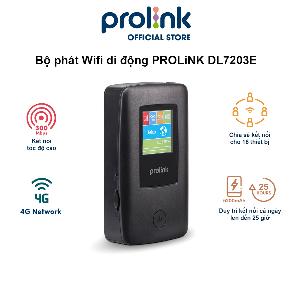 Bộ phát Wifi di động PROLiNK DL7203E dùng SIM 4G LTE 150Mbps, pin 5200mAH lên tới 25h, TFT 1.44&quot;, cổng RJ45, USB 2.0 - Hàng chính hãng