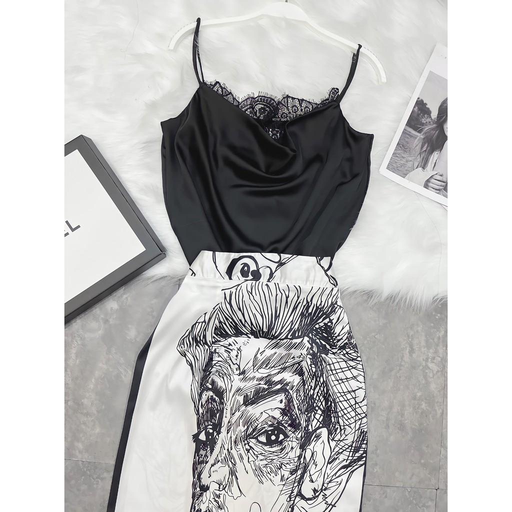 SET ÁO 2S LỤA PHỐI REN CHÂN VÁY IN HÌNH