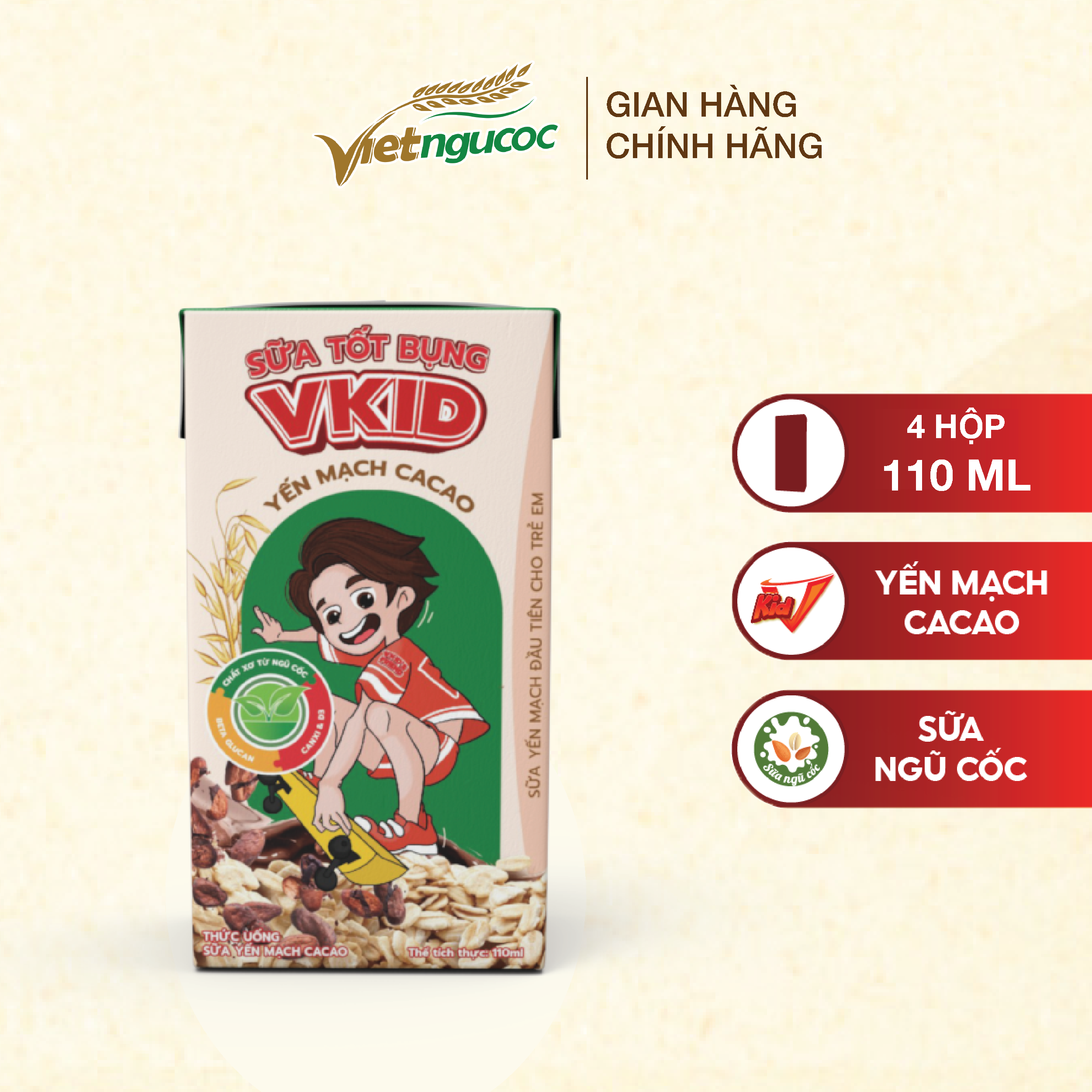 Lốc 4 Hộp Sữa Yến Mạch Vkid VIỆT NGŨ CỐC Cho Bé Thơm Ngon Hương Vị Cacao 110ml/Hộp