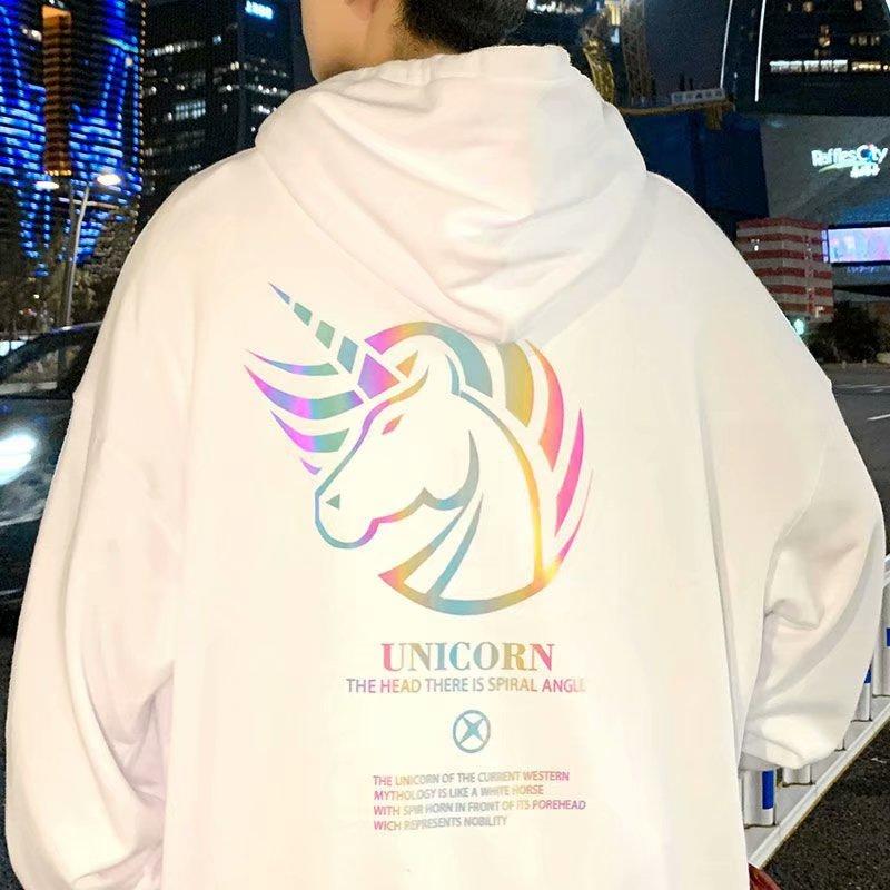 Áo hoodie tay dài dáng rộng in hình kỳ lân gồm 5 màu sắc