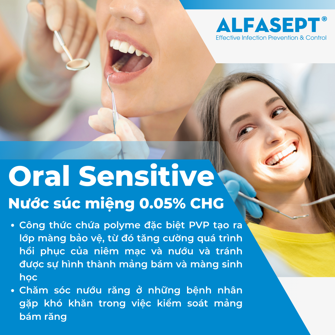 Nước súc miệng ALFASEPT ORAL SENSITIVE 250ml 0.05% CHG - Bảo vệ răng trắng tự nhiên