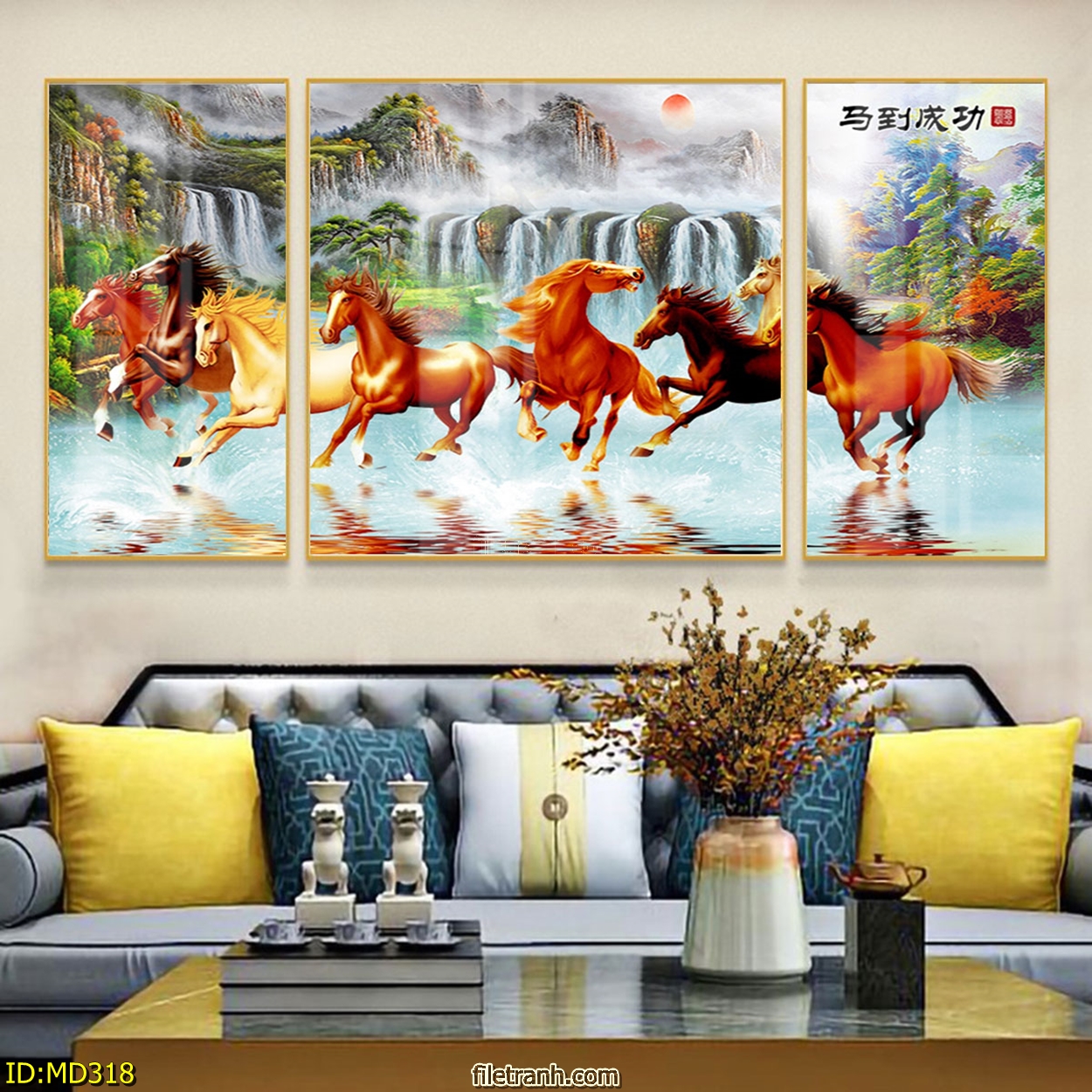 Tranh Canvas Bộ 3 Bức Phong Thủy - Tranh Đàn Ngựa Phi Dũng Mãnh Cao Cấp
