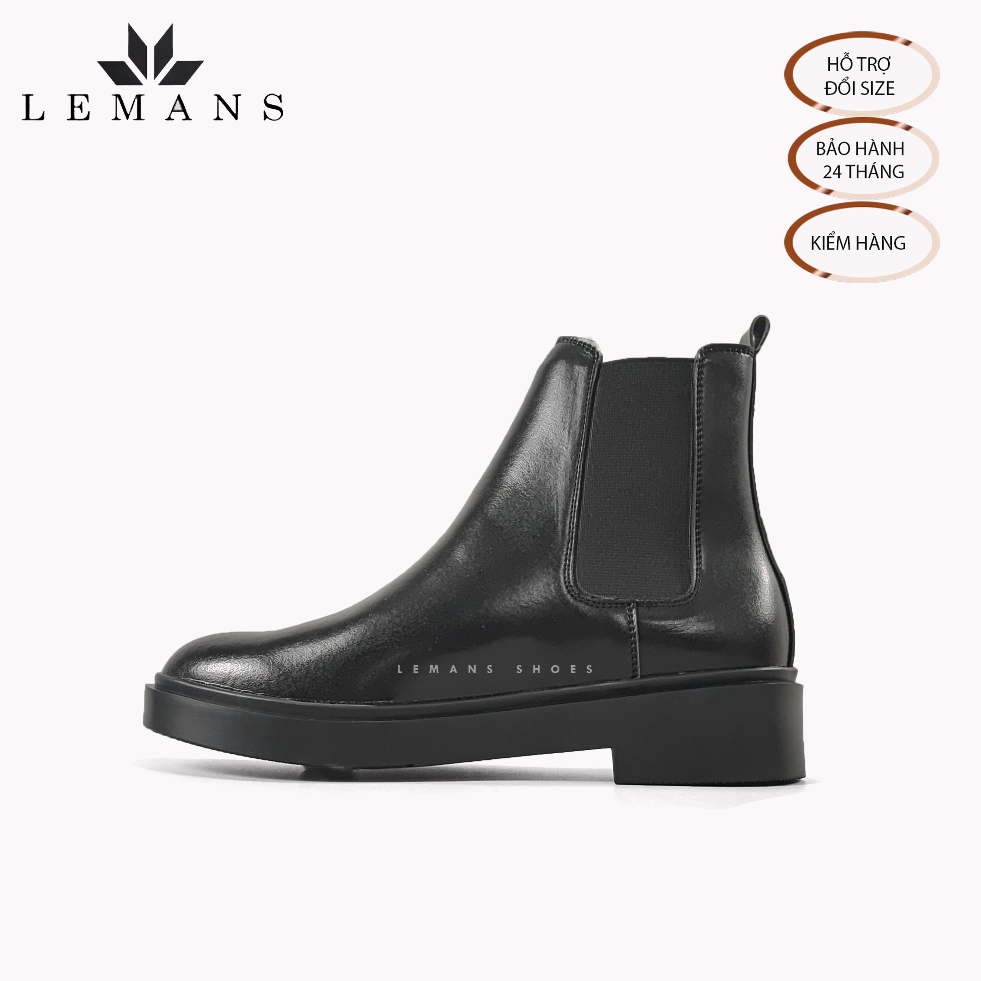 Giày da bò Chelsea Boots Black LEMANS CB66, đế lemans cao 4cm, boot nam chelsea boot nam, bảo hành 24 tháng