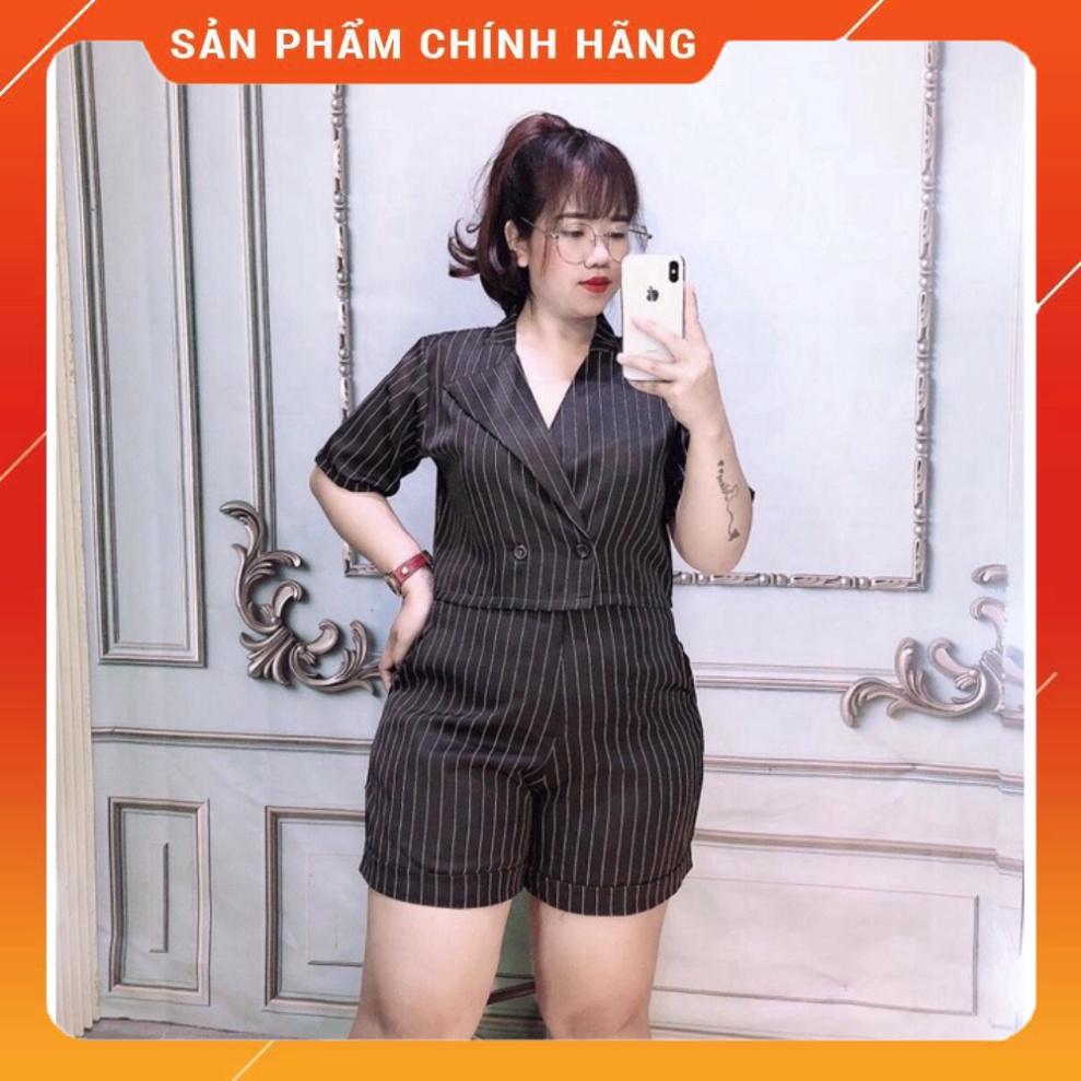 BIGSIZE 50-90KG Set áo vest croptop quần short/đùi vải kate sọc đen cổ V tay ngắn đùi cổ V