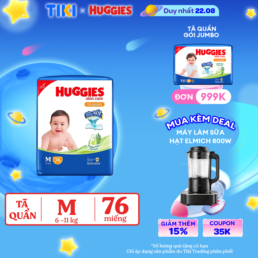 Tã/bỉm quần Huggies Skin Care Super Jumbo M76 miếng với tràm trà dịu da