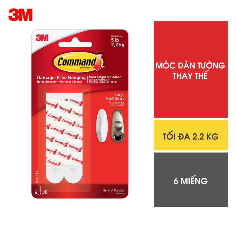 Bộ 6 Miếng keo dán thay thế Command 3M cỡ lớn chịu lực 2.2 kg - Dễ sử dụng, độ bền cao, bám cực chắc, tháo cực dễ 17023P