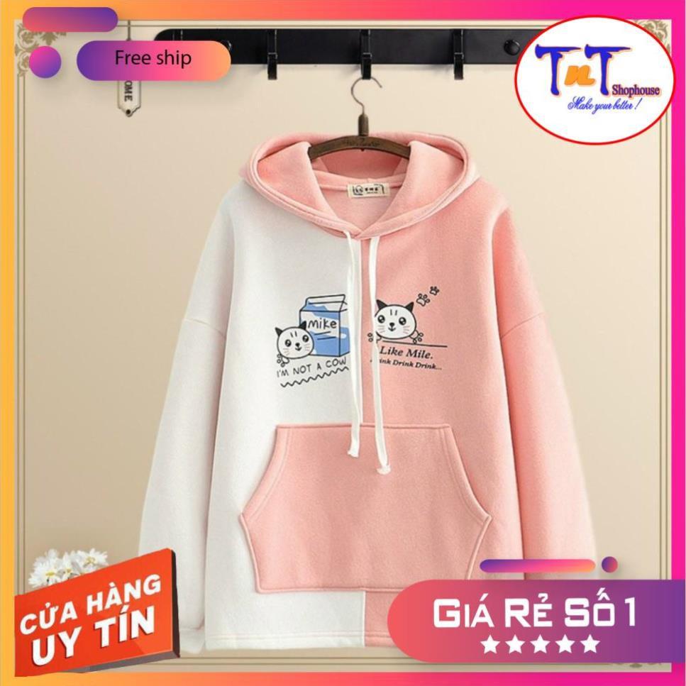 KN20 Áo Khoác Nỉ Hoodie 2 Màu Hình Mèo Phối Túi Áo Nỉ Dài Tay Cho Nữ thời trang sinh viên học sinh cao cấp