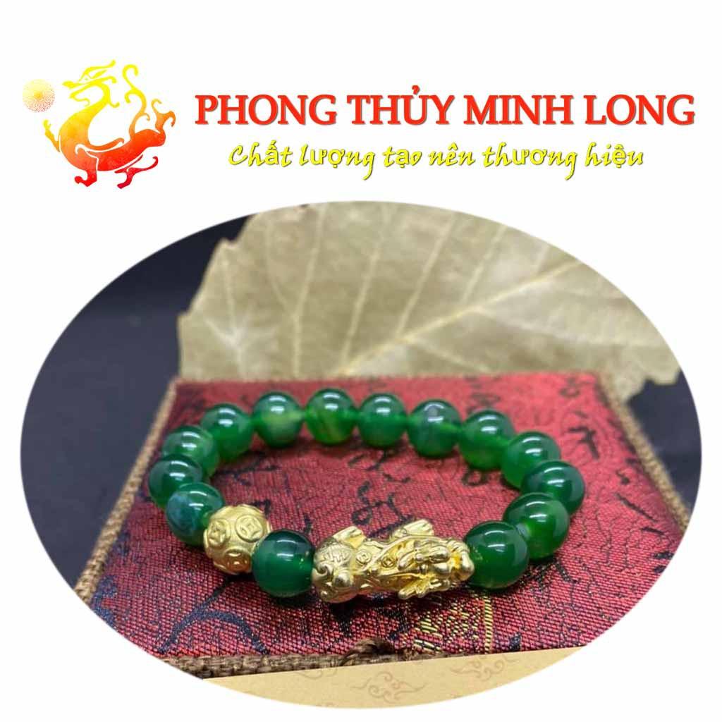 Vòng tay đá Mã Não Xanh chất lượng 3A mix tỳ hưu và 1 hạt kim tiền Vàng