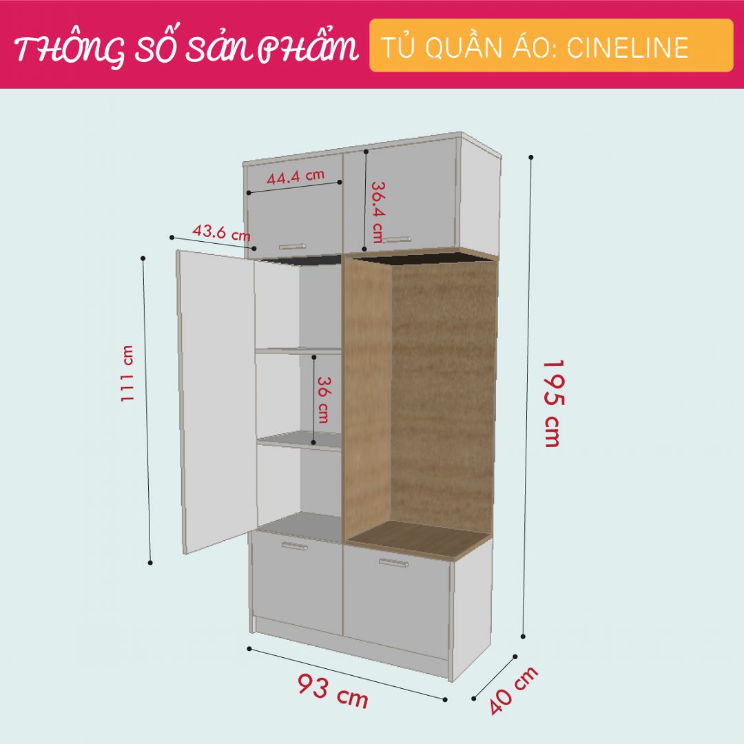 Tủ quần áo gỗ hiện đại SMLIFE Cineline | Gỗ MDF dày 17mm chống ẩm | D93xR40xC195cm