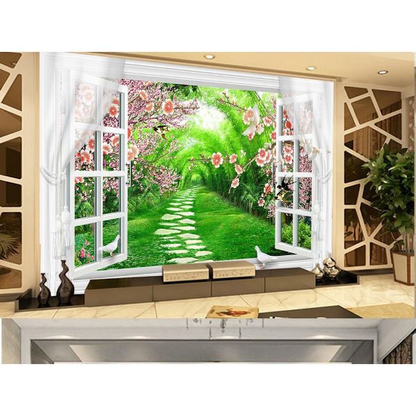Tranh dán tường 3d cửa sổ con đường hoa ép lụa kim sa có sẵn keo cs65