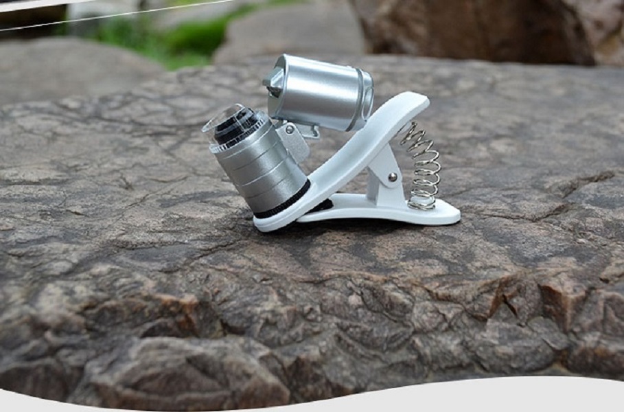 Kính lúp mini 60X có đèn led tím soi tiền giả tích hợp kẹp điện thoại