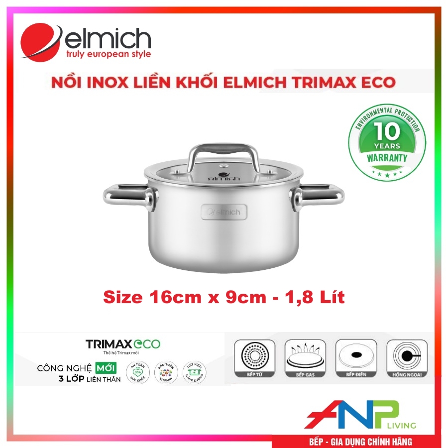 Nồi (Xoong) Inox 3 lớp đáy liền Elmich Tri-max Eco (2353990, 2353991, 2353992, 2353993, 2353994, 2353995, 2353996, 2353997) - Hàng Chính Hãng