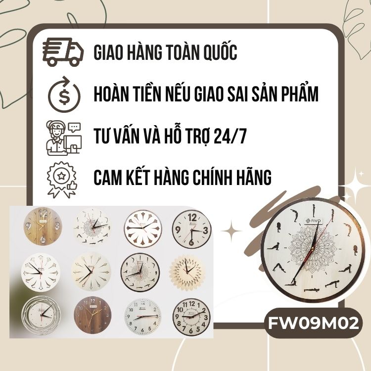 Đồng Hồ Treo Tường Gỗ Đẹp Decor Trang Trí, Hiện Đại Thương Hiệu FIVO Mẫu FW09 Trang Trí Phòng Khách Hình Tròn Họa Tiết Yoga