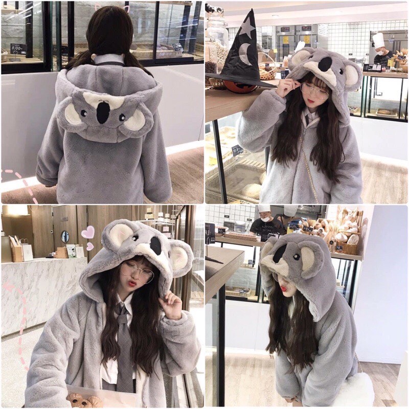 Áo Khoác Lông Cừu Có Mũ Siêu To Tai Gấu Koala Dễ Thương Siêu Ấm Áp