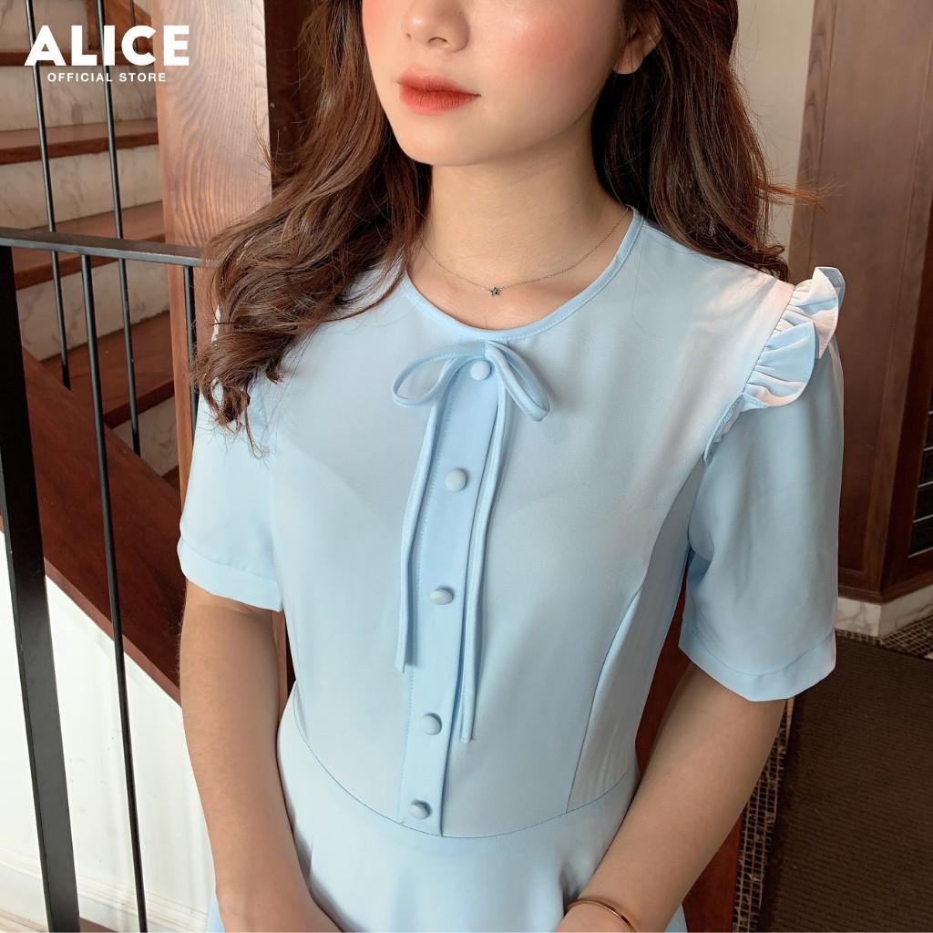 Váy Nữ Công Sở Dẹp ALICE Thiết Kế Dáng Xòe Tay Ngằn Bèo Vai Phối Nơ Ngực Cúc Bọc V274