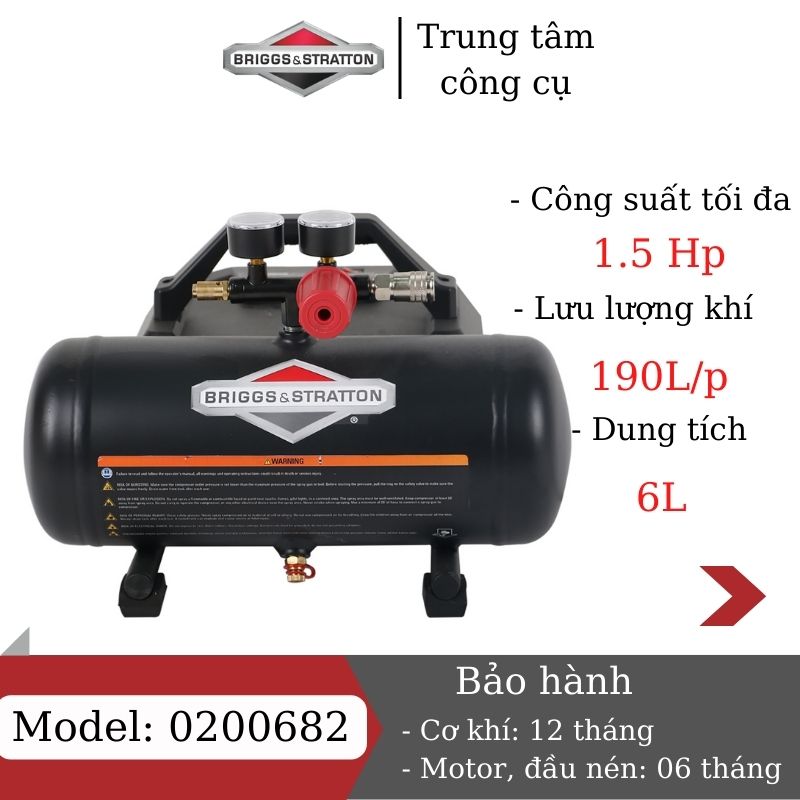 Máy nén khí không dầu 6L BRIGGS &amp;amp; STRATTON 0200682, máy nén khí mini 220V bơm hơi ô tô , xe máy, nén khí sạch công suất tối đa 1.5Hp - Hàng chính hãng