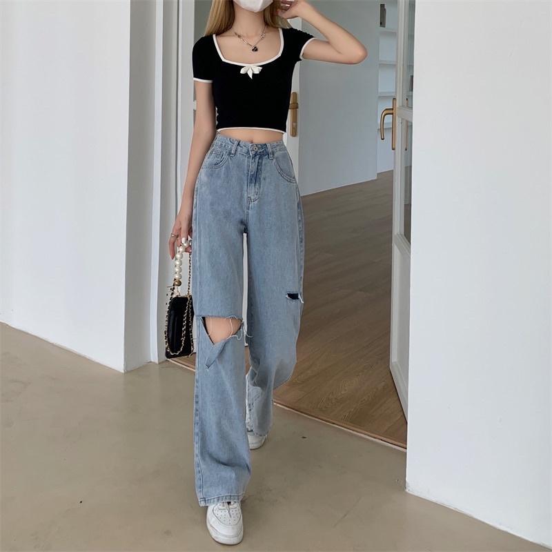 Quần jeans nữ ống rộng cạp cao rách gối phong cách streetstyle quần jeans rách cá tính