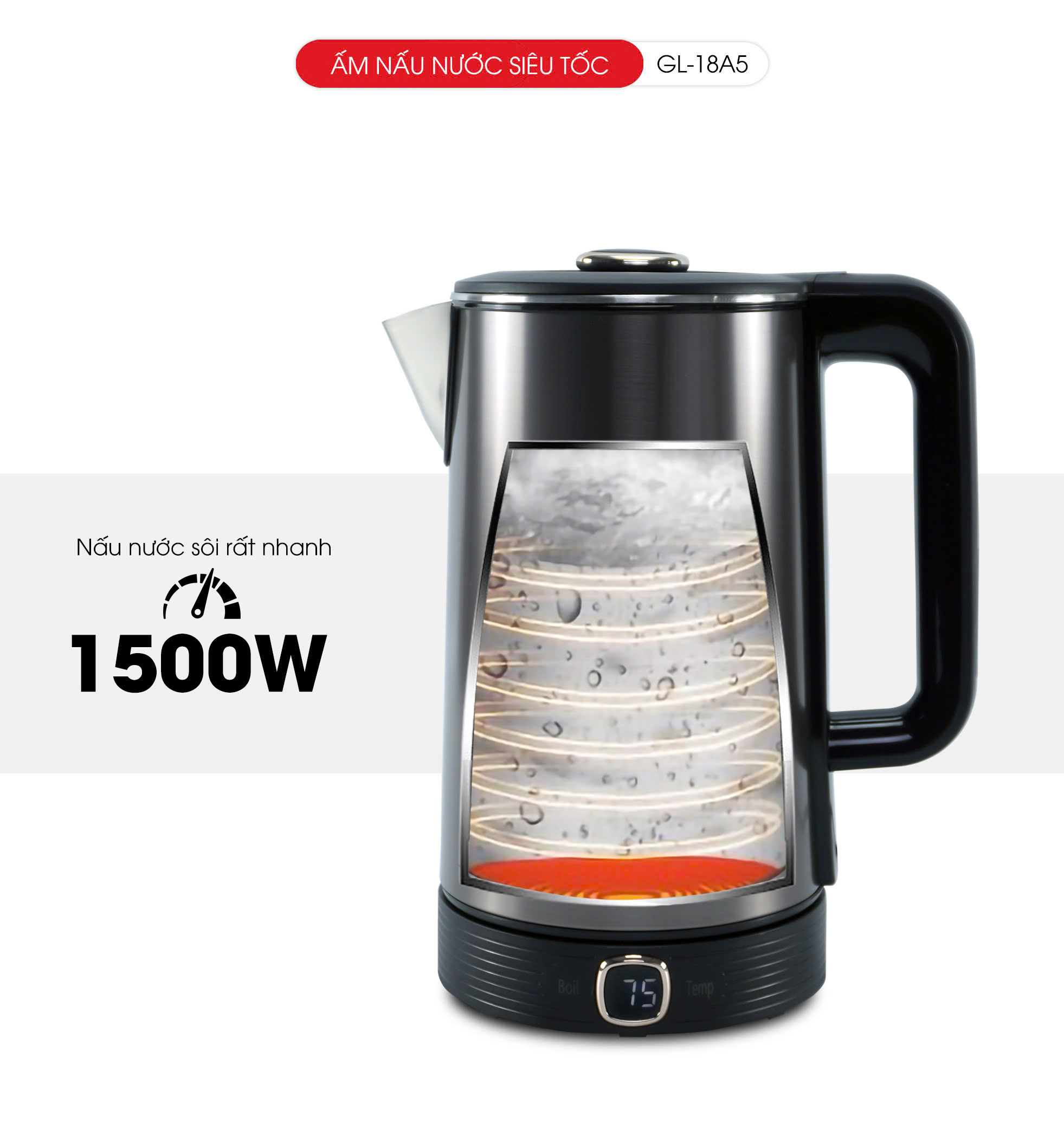Ấm Siêu Tốc Gali GL-18A5 1.8 Lít. Thiết kế 2 Lớp, chức năng Cảm Ứng Chỉnh Nhiệt Độ. Hàng chính hãng bảo hành 24 tháng