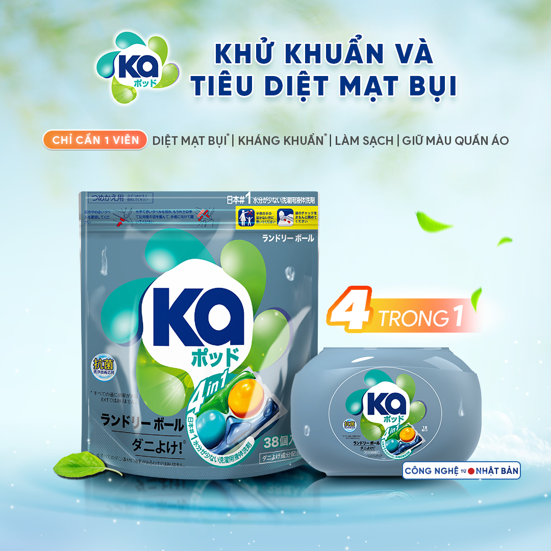 Combo 2 Viên Giặt Quần Áo loại bỏ mạt bụi KA pod Anti-dustmite 4trong1 diệt mạt bụi, làm sạch sâu, kháng khuẩn, giữ màu vải (18 viên/ 38 viên)