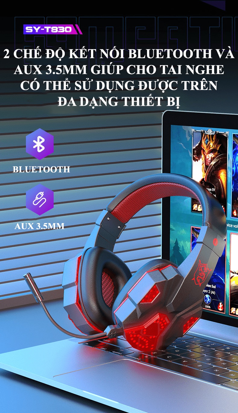 Tai nghe gaming SY-T830 kết nối bằng Bluetooth và cổng AUX 3.5mm có đèn led và âm thanh sống động phù hợp cho game thủ - JL