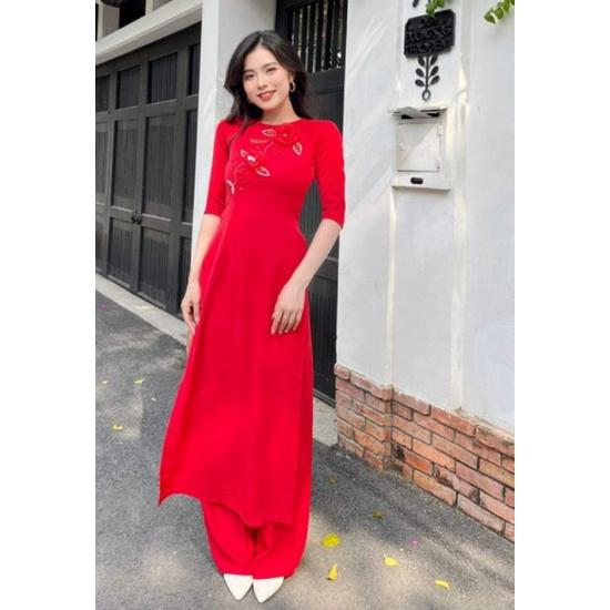 SÉT ÁO DÀI LỤA TRUYỀN THỐNG TAY PHỒNG KẾT HOA XINH XẮN